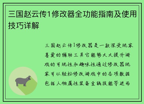 三国赵云传1修改器全功能指南及使用技巧详解